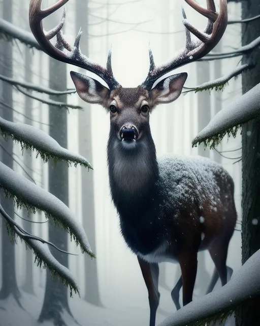 An beautiful portrait of an mystyc deer 🦌 inside of an snowy mythical forrest