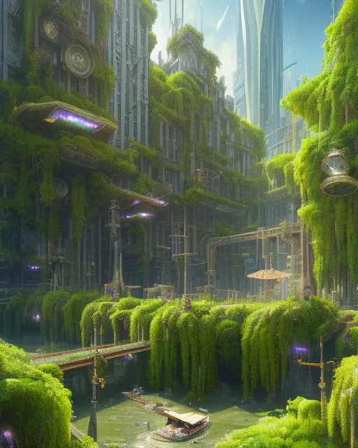 Solarpunk city ruins flooded - AI Photo Generator - starryai