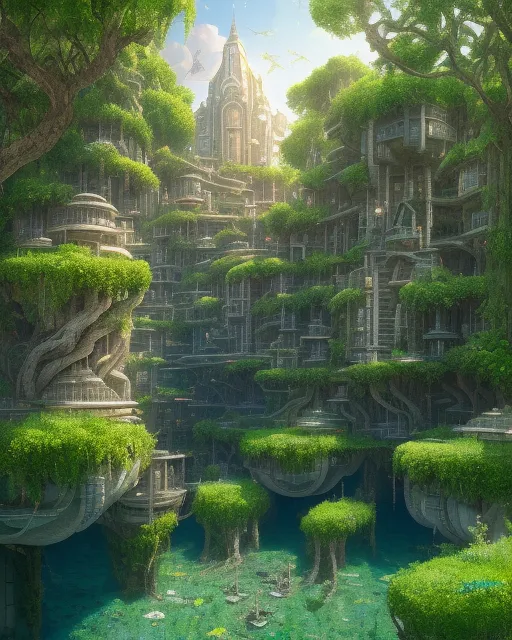 Solarpunk city ruins flooded - AI Photo Generator - starryai