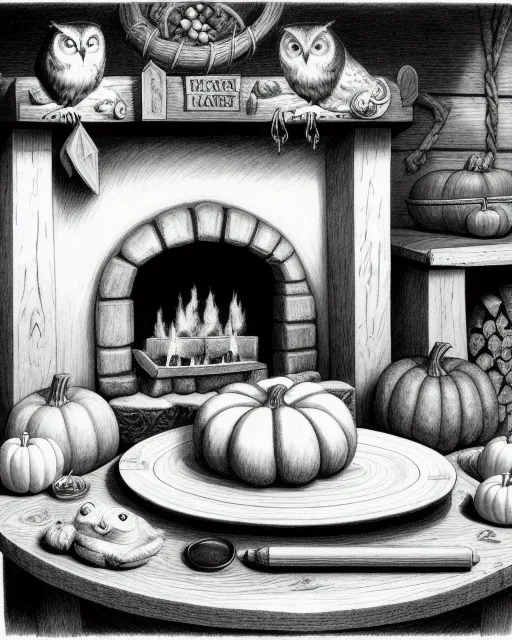 Witch, amulet, wand, cat, pumpkin, inside wooden hut, table with bread loaf on platter, owl next to fireplace, , graphite pencil drawing,  realistic,  natural,  b&w illustration,  fine art, concept art, polished