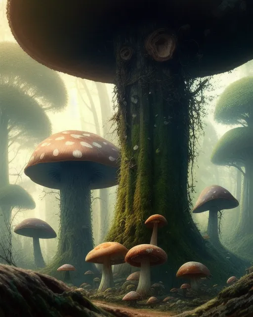 Ancient giant mushroom Forrest - Free AI Photo Generator - starryai