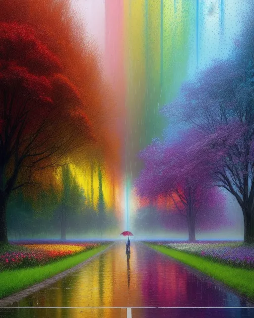 The flower landscape more beautiful with the rain, on the flowers and leaves make the colors more vibrant, The rainbow is a beautiful, with the rain, beautiful landscape, realistic and natural,  nature,  hd photography,  32k,  galen rowell,  david muench,  perfect composition,  gloss,  hyperrealism