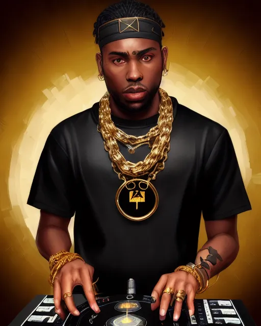 Create a black dj male trapper with gold chains, digital painting,  digital illustration,  extreme detail,  digital art,  4k,  ultra hd