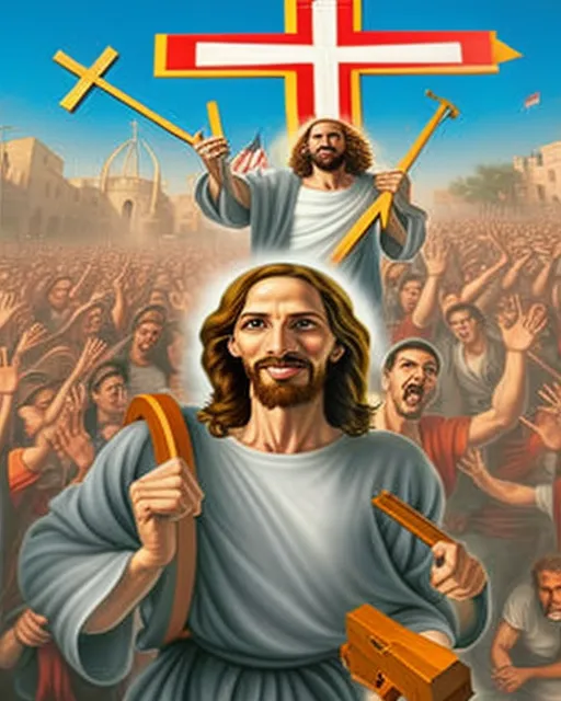 Jesus Christ swinging a giant wooden cross like a weapon, holding a crowd of riot police at bay in old Jerusalem 