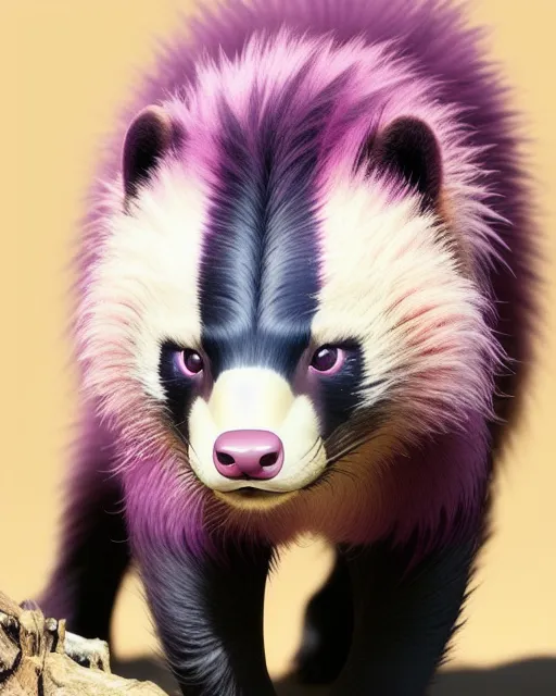 A honey badger but change the dark part of the fur to a dark pink and change the white part of the fur to a light yellow