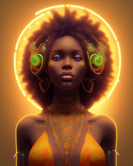 Beautiful African princess on African savanna, curly hair, neon glowing effect, intricate details, unreal engine 5, Anna Dittmann 