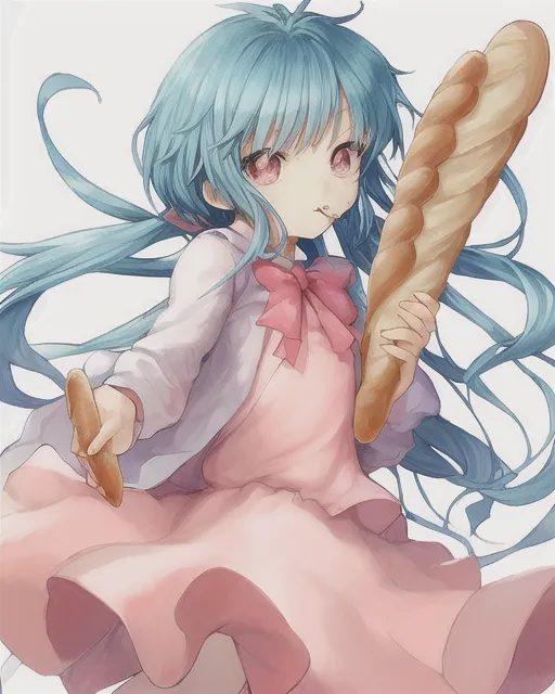 Beautiful small Anime chaotically eating a baguette