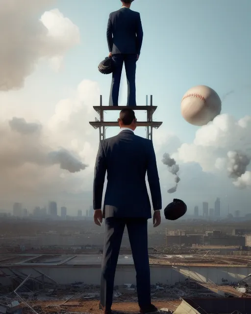 over the should view of a destroyed business man standing on top of a baseball field
