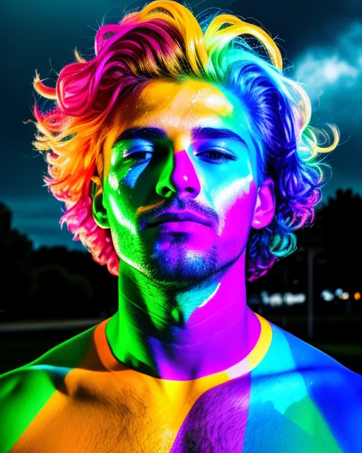 Rainbow streaks painted across the face of a beautiful man. Clouds burst in the background, otherworldly. Lights and shadows create depth. 