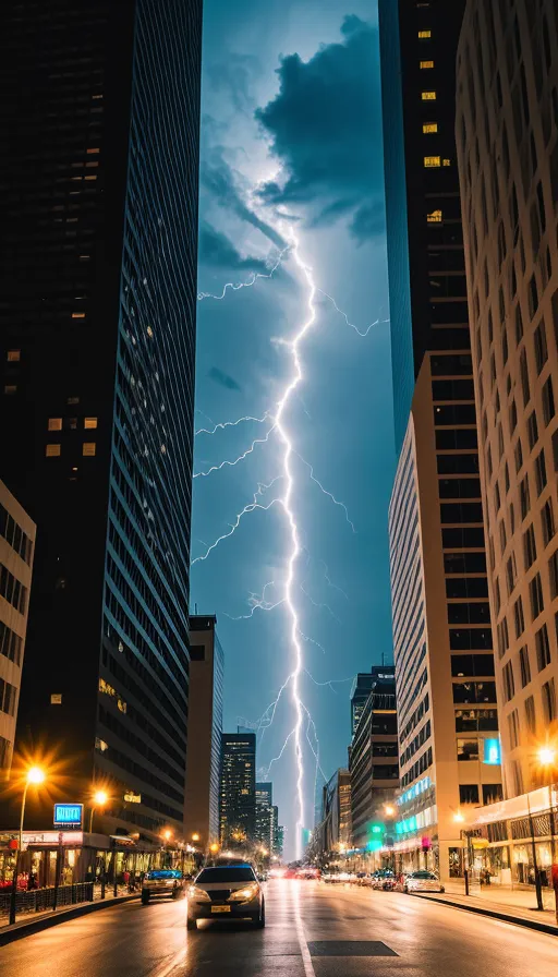 The calm before the storm, Lightning bolt visible between the tall buildings, dark and menacing skies Epic cinematic brilliant stunning intricate meticulously detailed dramatic atmospheric maximalist digital matte painting Professional photography, bokeh, natural lighting, canon lens, shot on dslr 64 megapixels sharp focus depth of field IMAX hyperrealism