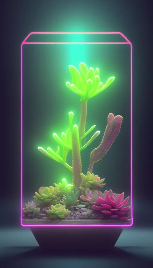 Neon Succulents in a prismatic box, synthwave painting,  digital illustration,  digital art,  4k,  ultra hd, cinema 4d