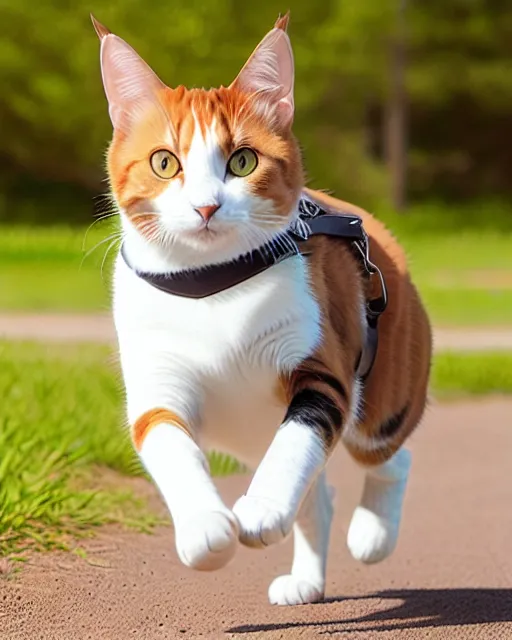 Calico cat running sun, wearing - Free AI Photo Generator - starryai