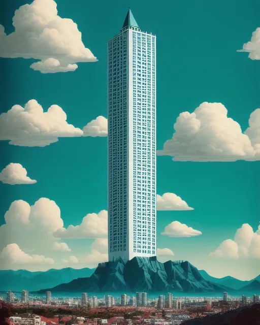 A grand skyscraper in the style of Wes Anderson, soft clouds, blue skies, mountains 