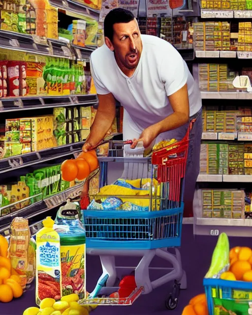 Adam Sandler stealing items from the grocery store., hyperrealism, cinema 4d, photorealistic, surrealism, deviantart