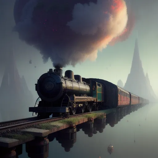 A steam train driving on a tracks floating in the void, surrounded floating islands and massive floating bells, landscape