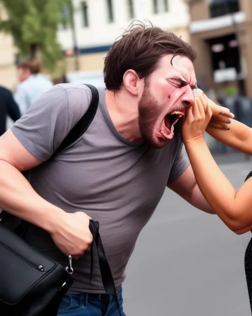 Man takes a bite out of a woman's purse as she screams in pained anguish 