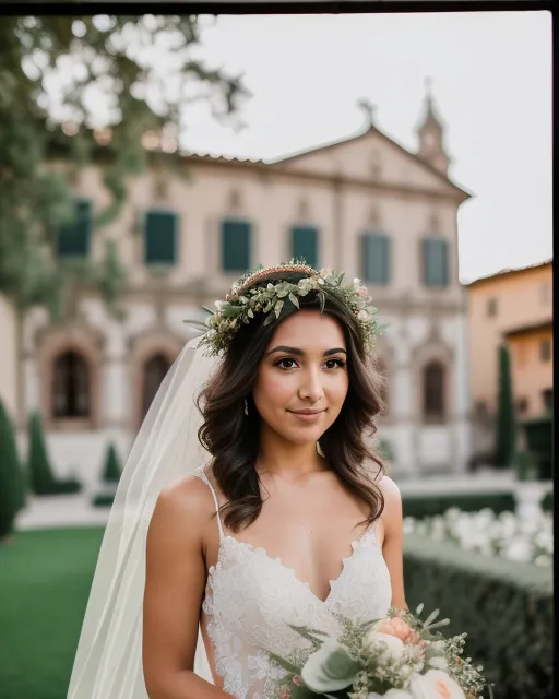 Wedding dress bride floral crown Italian architecture 