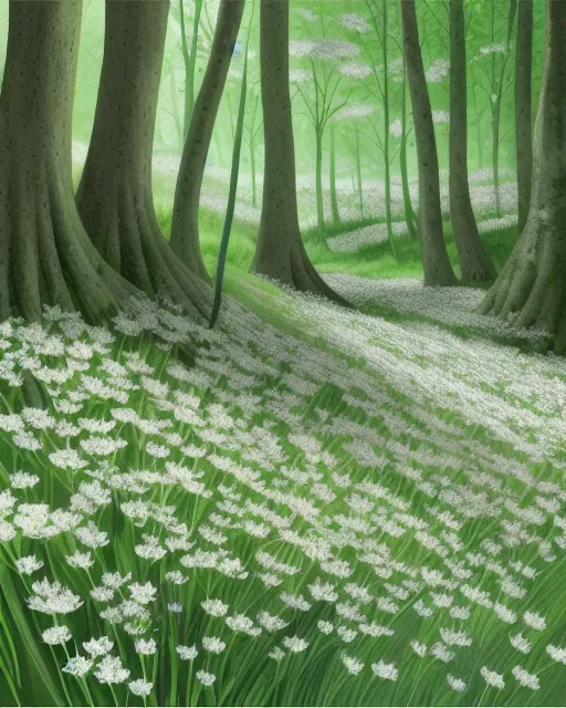 Wild garlic flowering carpet in the woods, digital painting,  digital illustration,  extreme detail,  digital art,  4k,  ultra hd, hyper detailed, hyperrealism