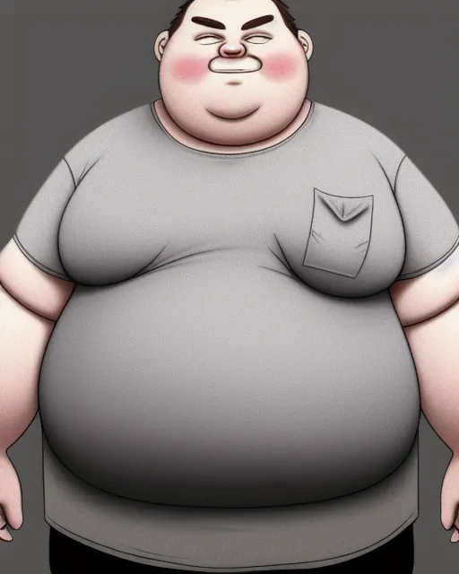 deformed human  that is that is melting  and fat wearing a gray shirt