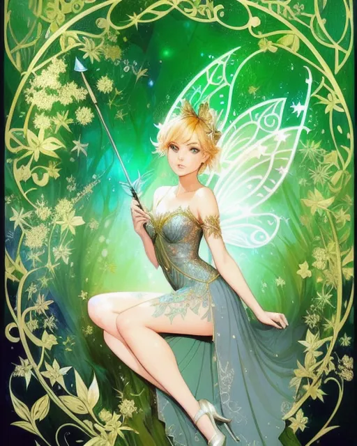 {Fairy Tinkerbell} highly detailed, dynamic pose ,  Magical forest on the background, intricate motifs, organic tracery, perfect composition, digital painting, artstation, concept art, smooth, sharp focus, illustration, Carne Griffiths, pixar, Victo ngai, Jean Baptiste Monge, shiny aura