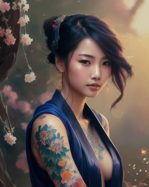 Premium Photo | Young asian woman with tattoos dressed on a dark background  oriental girl looking at camera generative ai