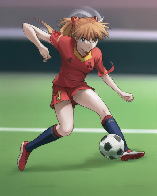 Asuka langley shikinami soccer uniform cleats scoring a goal 