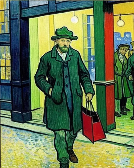 Vincent van Gogh in the shopping mall, buying colours and brushes, by Vincent van Gogh, Atmospheric perspective, Romance scene