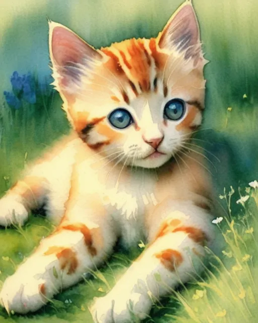 Beautiful kitten, laying in a meadow 