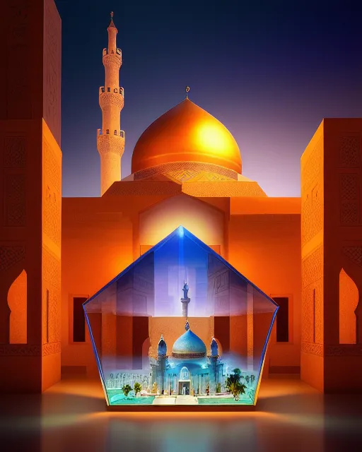 (a magnificent )fatimid cairo street and masjid islamic elevation  Stuck (Within A Glass prism) Diorama, Colorful , volumetric Lights, volumetric clouds, Digital Painting, Digital Illustration, Extreme Detail, Digital Art, 4k, Ultra Hd, Fantasy Art, Hyper Detailed, Hyperrealism, Elaborate, Vray, Unreal