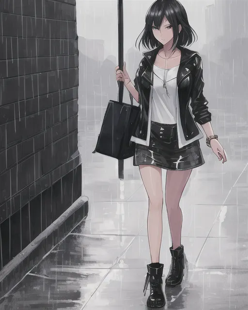 Insanely detailed fashionable female walking in the rain at midnight