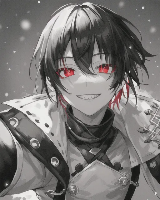 /gen smile, solo, grin, teeth, male_focus, 1boy, red_eyes, looking_at_viewer, snow, spot_color, black_hair, sharp_teeth, greyscale