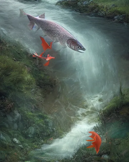 Salmon in a river, storybook illustration, digital painting, cinema 4d, national geographic photo, hyperrealism, greg rutkowski, trending on artstation, cinema 4d, cinema 4d, fantasy art, Anna Dittmann, josan gonzalez