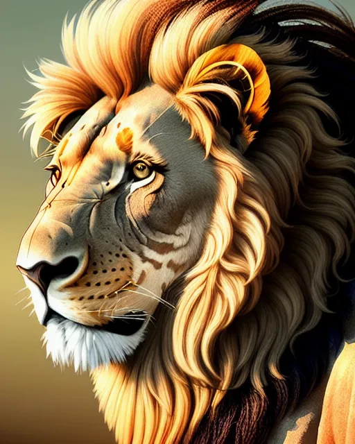 A male lion sitting with the wind blowing through his mane, digital painting,  digital illustration,  extreme detail,  digital art,  4k,  ultra hd, hyperrealism, national geographic photo, photorealistic, hyperrealism, unreal engine