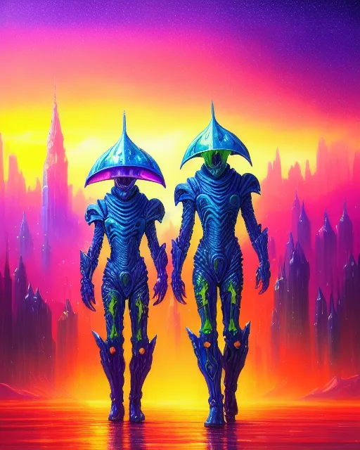 Alien knights, rain, fantasy art, digital painting, hyperrealism, beautiful, colorful, hyperdetailed, landscape, photorealistic, psychedelic, radiant, serene, vibrant, synthwave painting,  sunset city,  digital illustration,  extreme detail,  digital art,  4k,  ultra hd