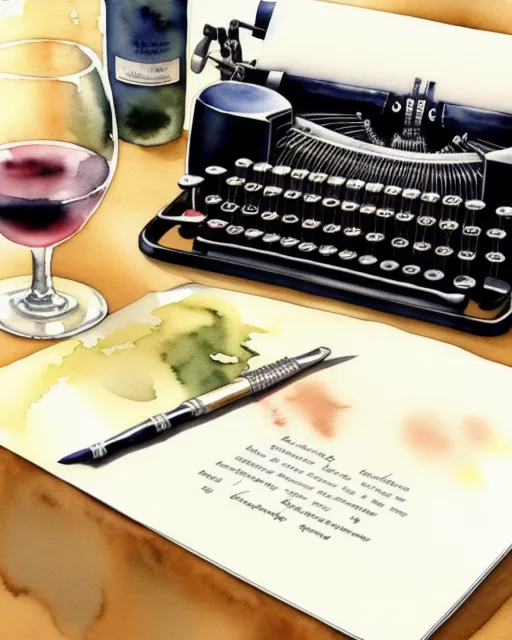 Wine and typewriter, beautiful watercolor painting,  realistic,  detailed,  painting by olga shvartsur,  svetlana novikova,  fine art,  soft watercolor