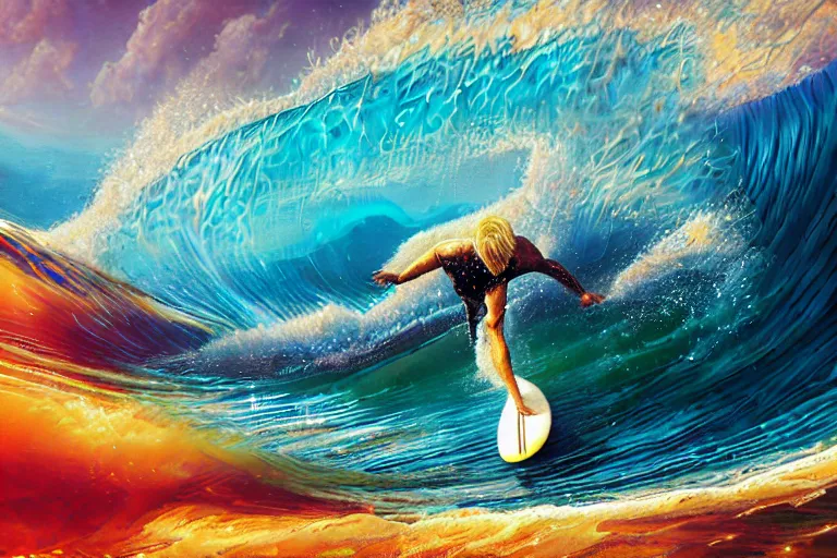 Blond man surfing ocean, surfboard, beautiful, colorful, futuristic, detailed, golden hour, iridescent, vibrant, mark brooks, frank frazetta, david mann, kilian eng, jeff koons, digital painting, hyperrealism, surrealism, octane render, trending on artstation, acrylic on canvas