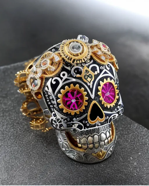  A close up photo of a very expensive Swiss timepiece watch with a intricate sugar skull design on the face with very good detail of clean lines on the silver ,gold and rosegold gears , screws and components , incrusted with colorful  cut gemstones the sugar skull itself should be a Swiss tourbillions mechanisms that revolves on the face and it should have ruby gems for eyes . Atom Moore photography ￼, Artwork By Android Jones, Alberto Seveso, macroscopic Photography, A Masterpiece, highly detailed,8k Resolution Artstation, Unreal Engine 5, Cgsociety, ultra HD. 