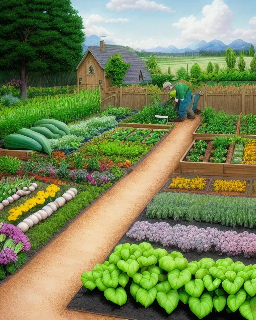 Gardening in the vegetable plot,  realistic and natural,  detailed full-color,  hd photography,  fantasy by john stephens,  galen rowell,  david muench,  james mccarthy,  hirō isono,  magical,  detailed,  gloss, beautiful, colorful, sunny, vibrant