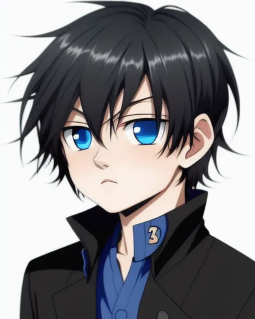 Blue eyes anime boy detailed black - AI Photo Generator - starryai