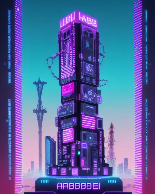 A Futuristic Cyberpunk Electric Synthwave Tower, The Tower Of Babbel Made Up Of Scripts From Every Language Including Archaic Languages, The Tower Is Made With Words, Masterpiece, Artsy, Epic Tower, Endless Tower Goes Up The Space, Retrowave, Steampunk, Cyberpunk, Matrix Style, Wide Angle, Japanese, Spanish, French, Indonesian And Other Scripts, Futuristic