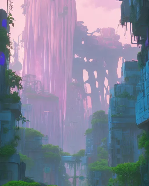 soft colors, pale, pastel colors, pink, blue, purple, cyber punk, street view of a city on venus, outer space, vegetation, cyberpunk, unreal 5 render, studio ghibli, tim hildebrandt, digital art, octane render, beautiful composition, trending on artstation, masterpiece,  welcome sign, blue neighborhood 