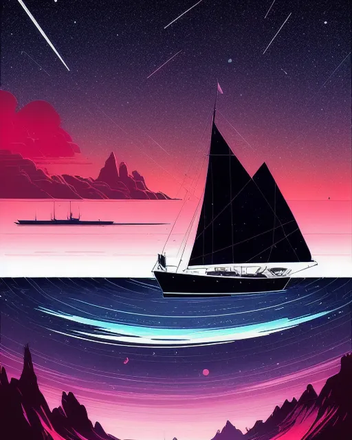 a sailboat under a pink sky