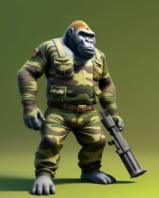Standing up is the Anthomorphic Guerilla gorilla in camouflage army clothing , hiding in a bush, Pixar, Disney, concept art, 3d digital art, Maya 3D, ZBrush Central 3D shading, bright colored background, radial gradient background, cinematic, Reimagined by industrial light and magic, 4k resolution post processing, digital painting of an animation character,  character illustration,  glen keane,  lisa keane,  realistic,  disney style character,  detailed,  digital art,  4k,  ultra hd
