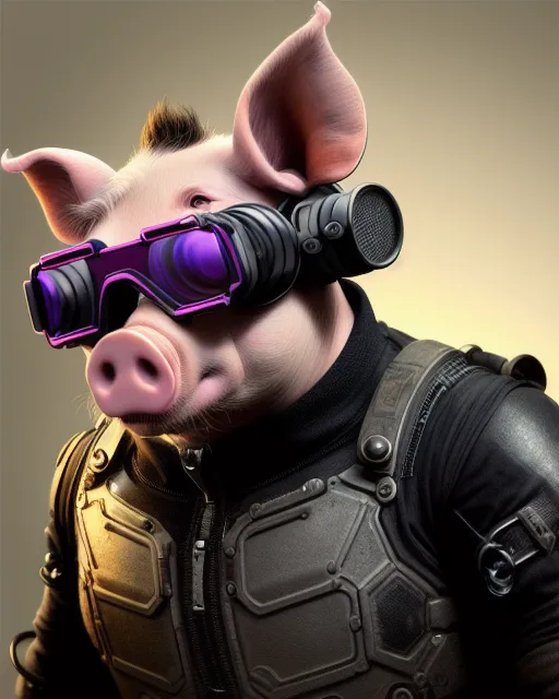 Pig-like humanoid wearing cyberpunk goggles hyper realistic dispositional scenario