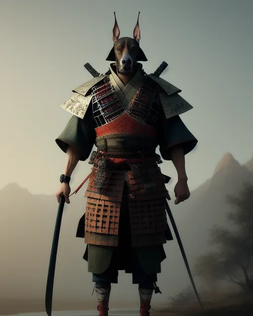 Doberman pincher as samurai warrior ￼