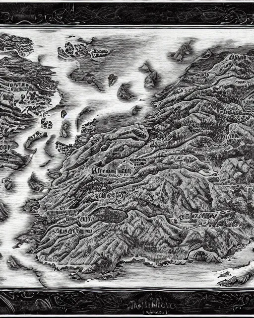 map of a fantasy world, fantasy, epic, cinematic, unreal engine, 8k resolution, hyperrealistic, HDR, Concept Art, Woodcut