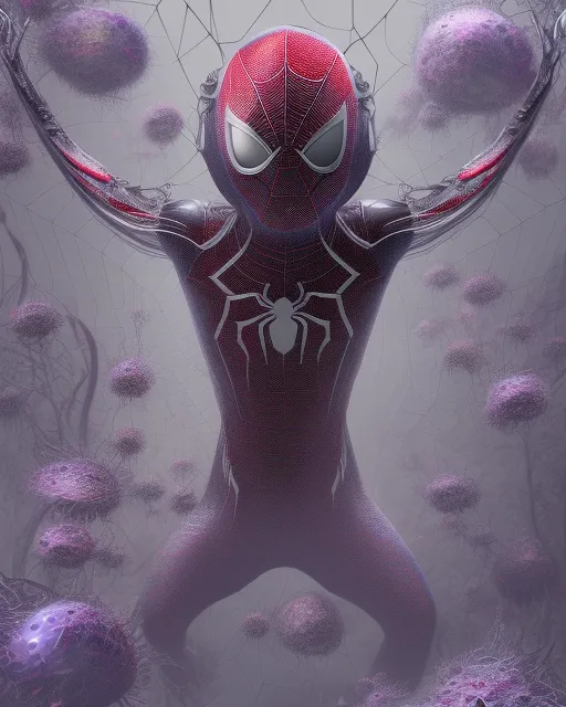 Spider man surrounded by spiders and flowers, digital painting,  digital illustration,  extreme detail,  digital art,  4k,  ultra hd, digital painting, colorful, gossamer, dystopian, entangled, mysterious, vibrant, jeff koons, mahmoud sai, h.r. giger, oil on canvas, acrylic on canvas, mixed media, cubism, expressionism, surrealism, abstract expressionism, marvel comic