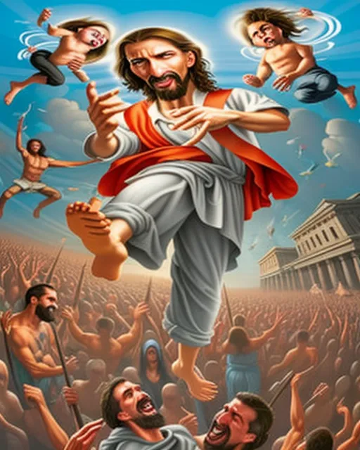 Jesus Christ and his apostles aggressively slam-dancing in a mosh pit with ancient Roman soldiers