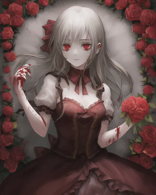 A girl, holding roses with blood coming out.