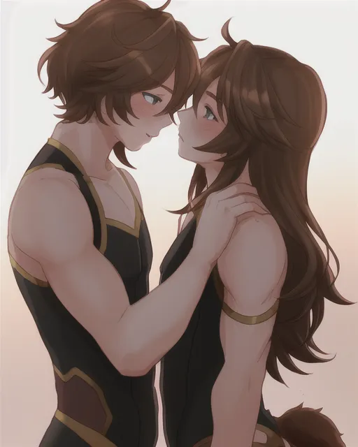 Two cute, male femboys with brown hair kissing each other 